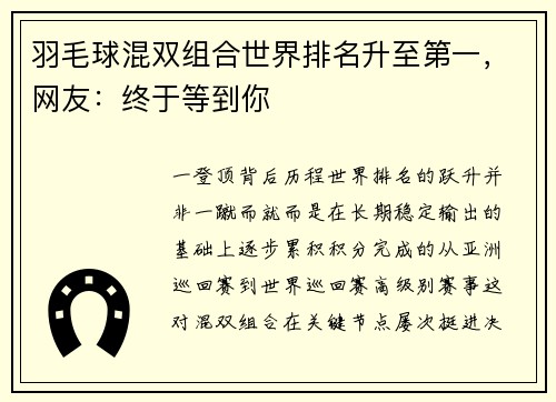 羽毛球混双组合世界排名升至第一，网友：终于等到你